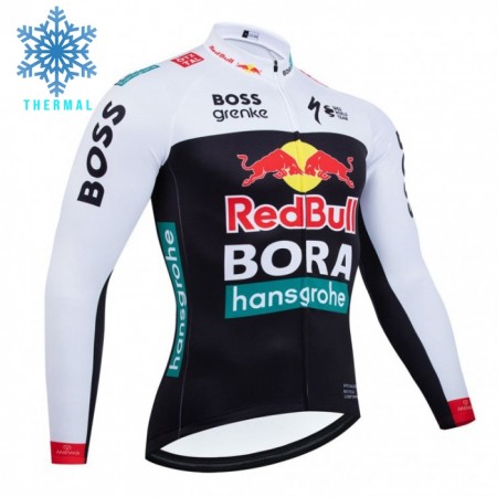 Wielershirt 2025 BORA-Hansgrohe Bull Lange Mouw Winter Thermal Fleece Zwart Rood
